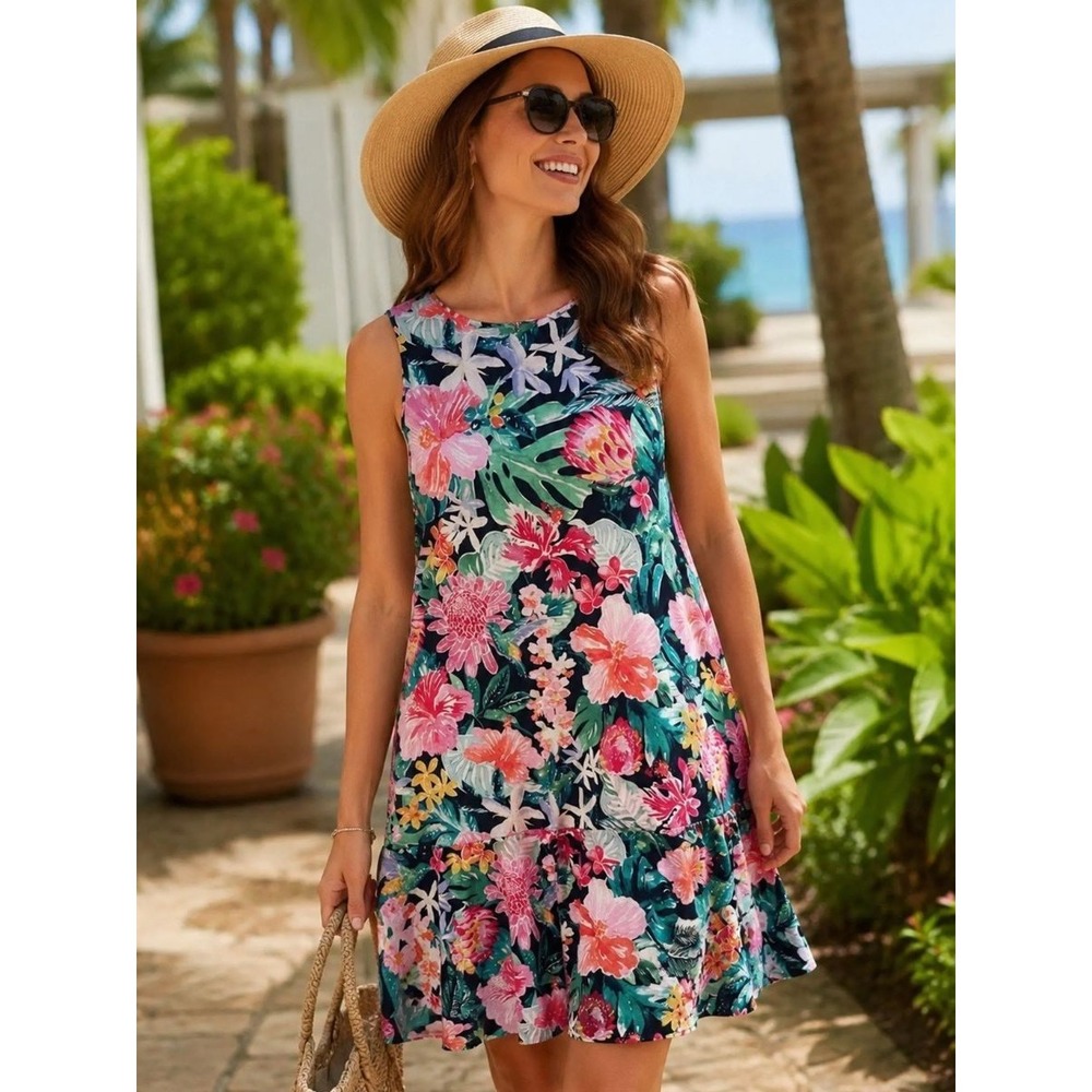 Tommy Bahama Tropical Floral Hummingbird Drop Waist Dress Women's M Modal